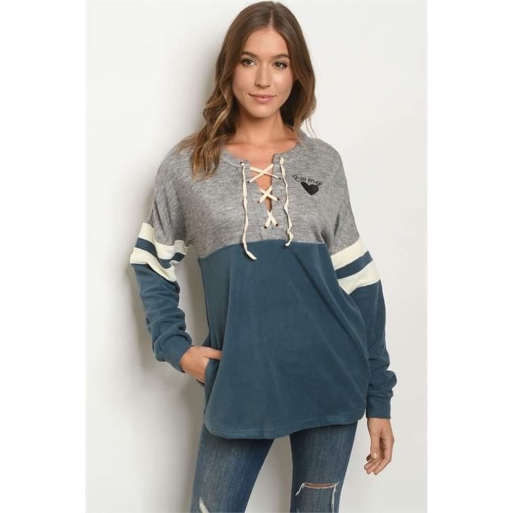 Be Mine Soft Blue & gray lace up Tunic Sweatshirt - Picture 2 of 5